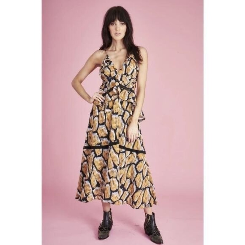Hunter Bell Sasha Abstract Giraffe Print Ruffle Midi Dress Size 6‎